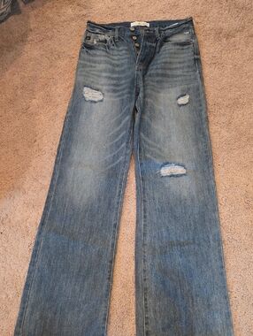 Distressed Button-Fly Wide Leg Jeans - Light Blue